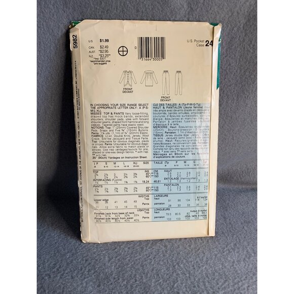 Butterick Misses Top Pants Sewing Pattern Sz P- XL 5982 - Uncut - Picture 3 of 4